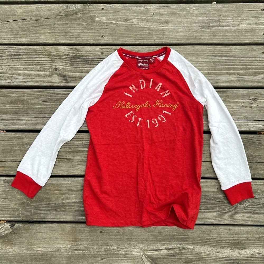 Indian Motorcycle Racing Kids Red White Raglan Baseball Graphic Tee Shirt Large